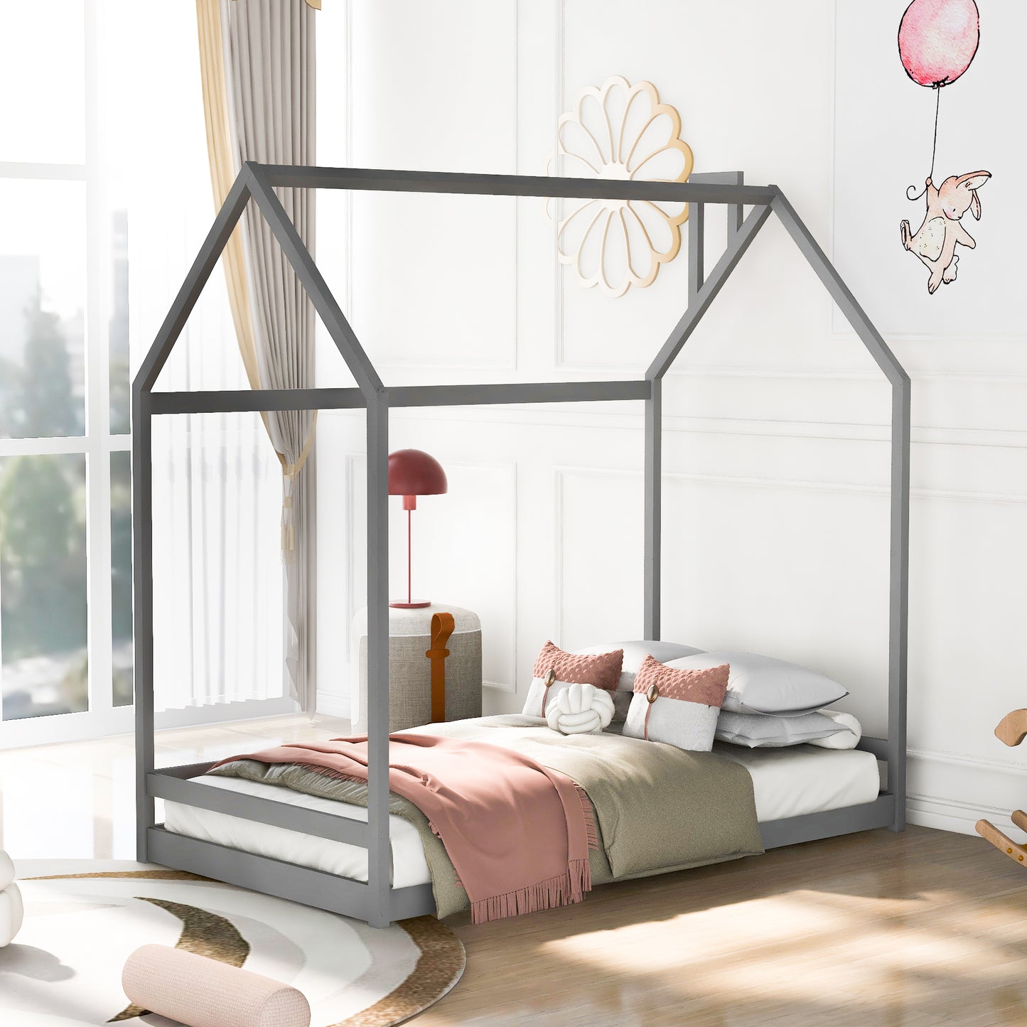 SESSLIFE House Bed Twin, Solid Wood House Bed for Kids, Box Spring Needed (Gray)