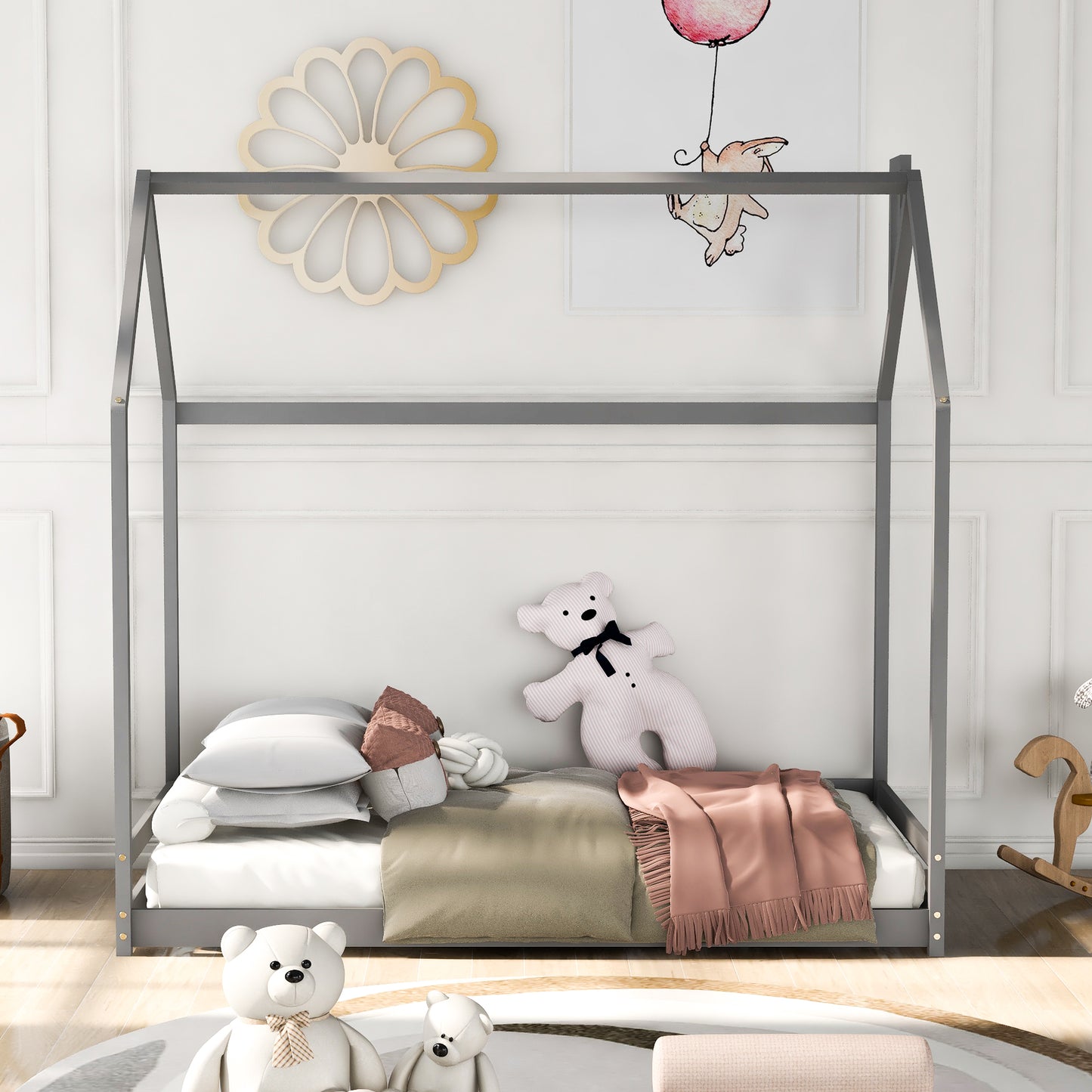 SESSLIFE House Bed Twin, Solid Wood House Bed for Kids, Box Spring Needed (Gray)