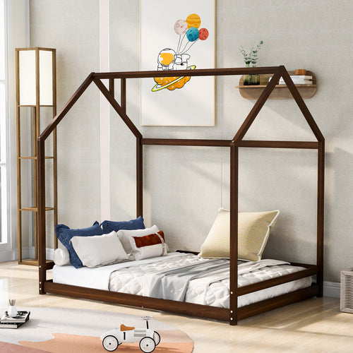 Full-Size House Bed for Kids and Toddlers, Wood Full Platform Bed Frame, Kids House Design, Tent Bed with Roof for Kids Room, Box Spring Needed, Easy Assembly