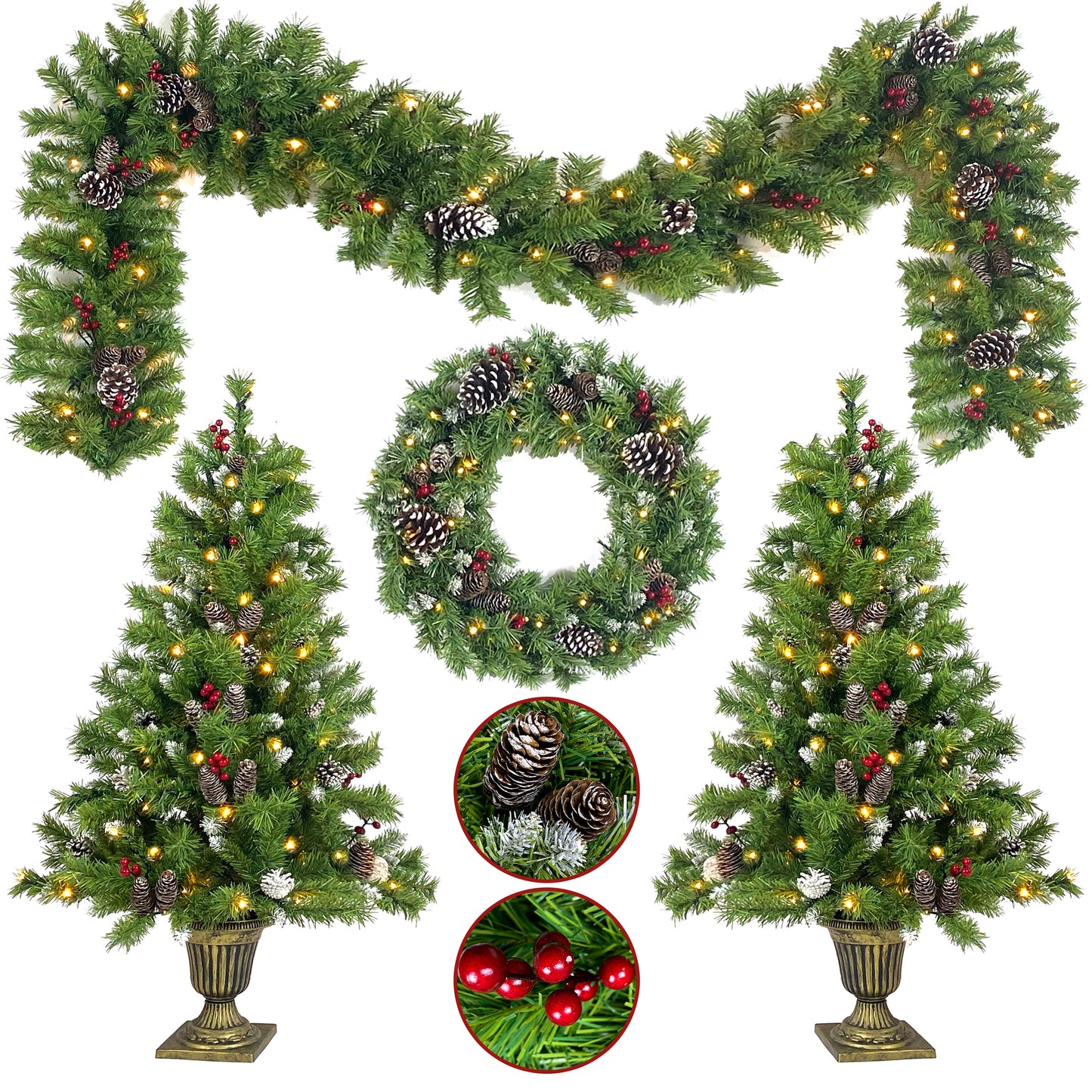 SESSLIFE 4pc Christmas Decoration Set, 2 Pre-lit Christmas Trees(4ft), 9ft Garland and 20in Diameter Wreath, Indoor Outdoor Christmas Decoration for Home Party Office, Green