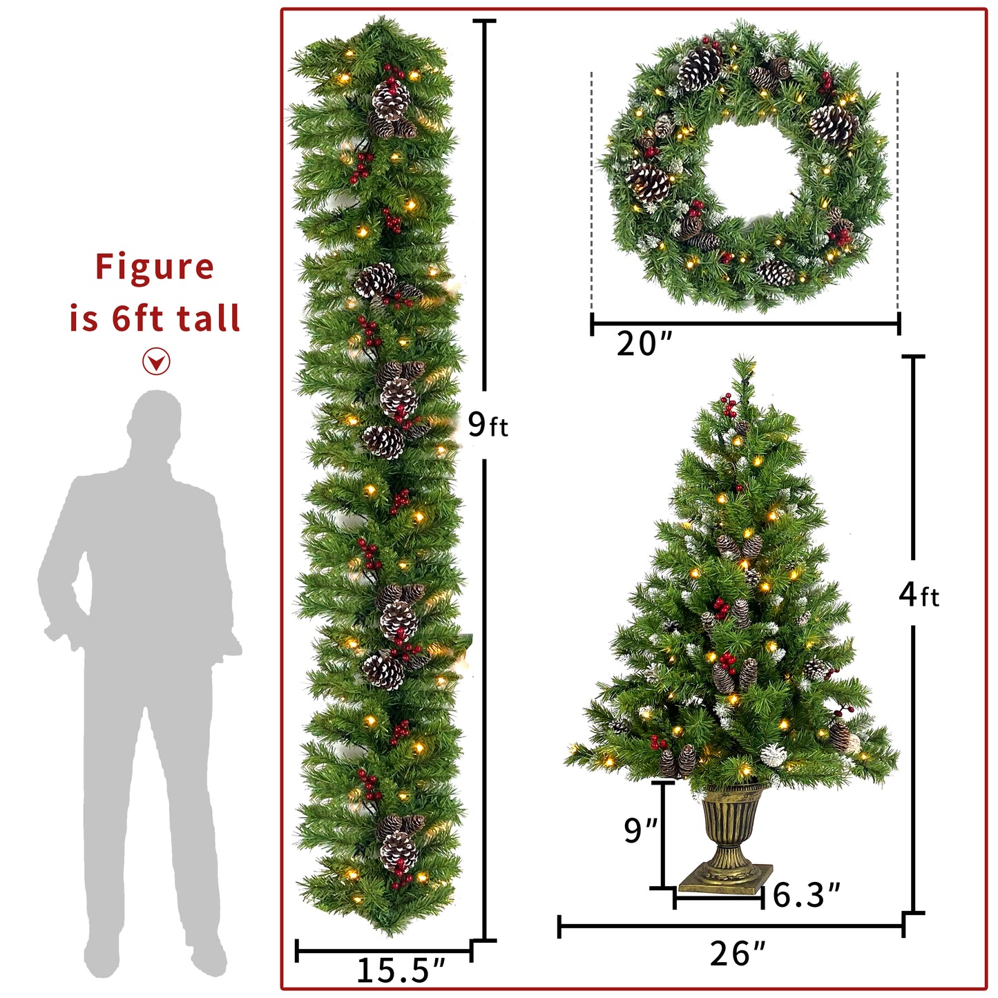 SESSLIFE 4pc Christmas Decoration Set, 2 Pre-lit Christmas Trees(4ft), 9ft Garland and 20in Diameter Wreath, Indoor Outdoor Christmas Decoration for Home Party Office, Green