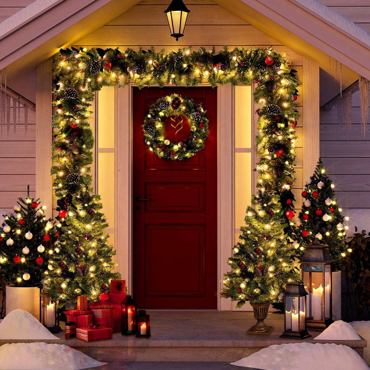 SESSLIFE 4pc Christmas Decoration Set, 2 Pre-lit Christmas Trees(4ft), 9ft Garland and 20in Diameter Wreath, Indoor Outdoor Christmas Decoration for Home Party Office, Green
