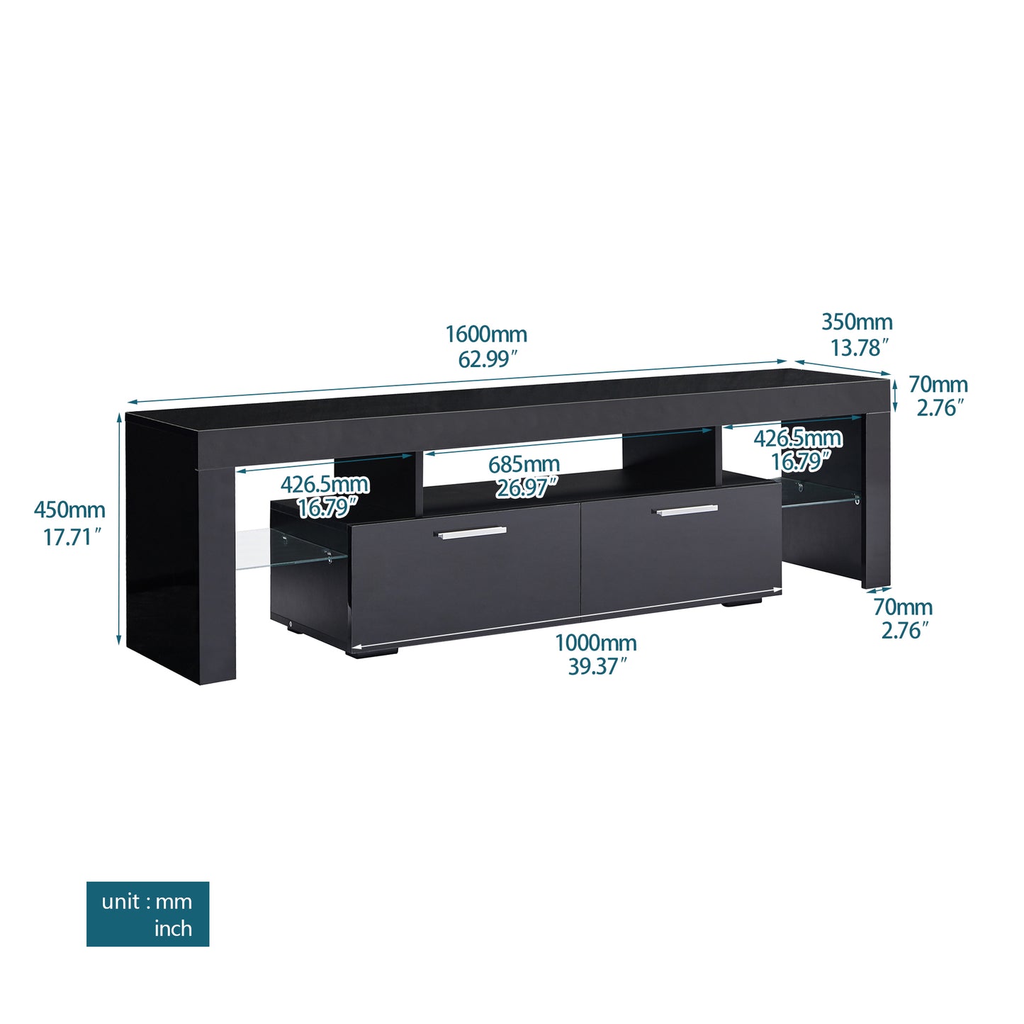 Sesslife Black TV Stand for 70 Inch TV, Modern TV Cabinet with 16 Color LED Light