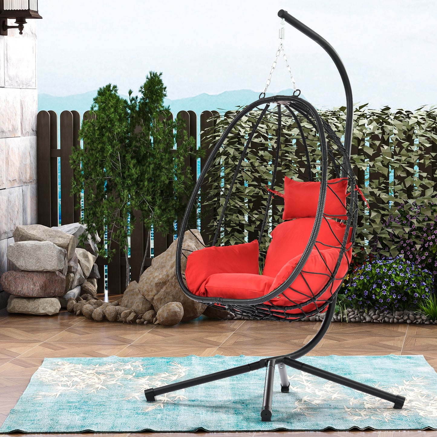 Indoor Outdoor Egg Chair, Patio Wicker Swing Egg Chair with Stand, Hanging Egg Chair with Soft Cushion and Pillow for Bedroom Living Room Balcony