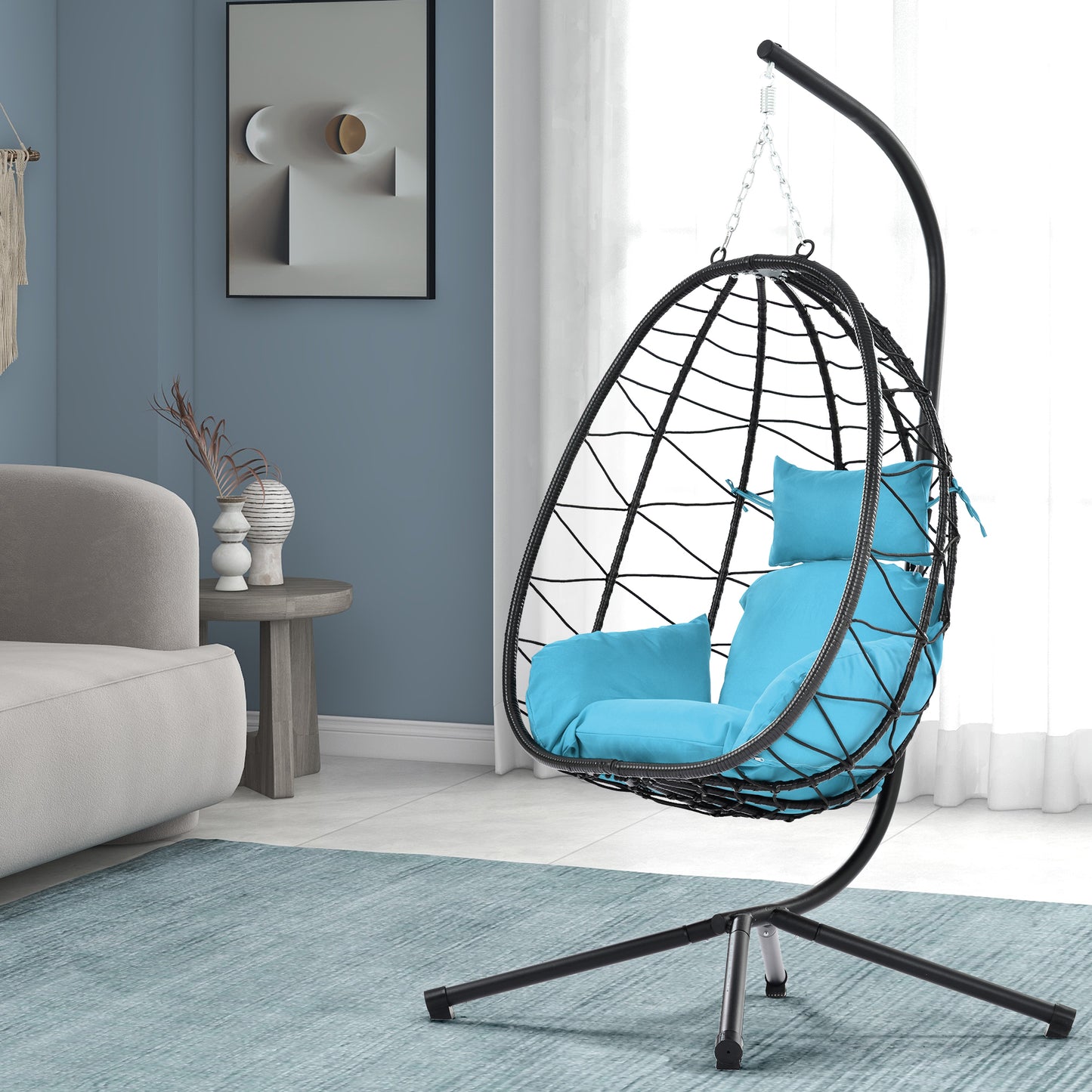 Indoor Outdoor Egg Chair, Patio Wicker Swing Egg Chair with Stand, Hanging Egg Chair with Soft Cushion and Pillow for Bedroom Living Room Balcony