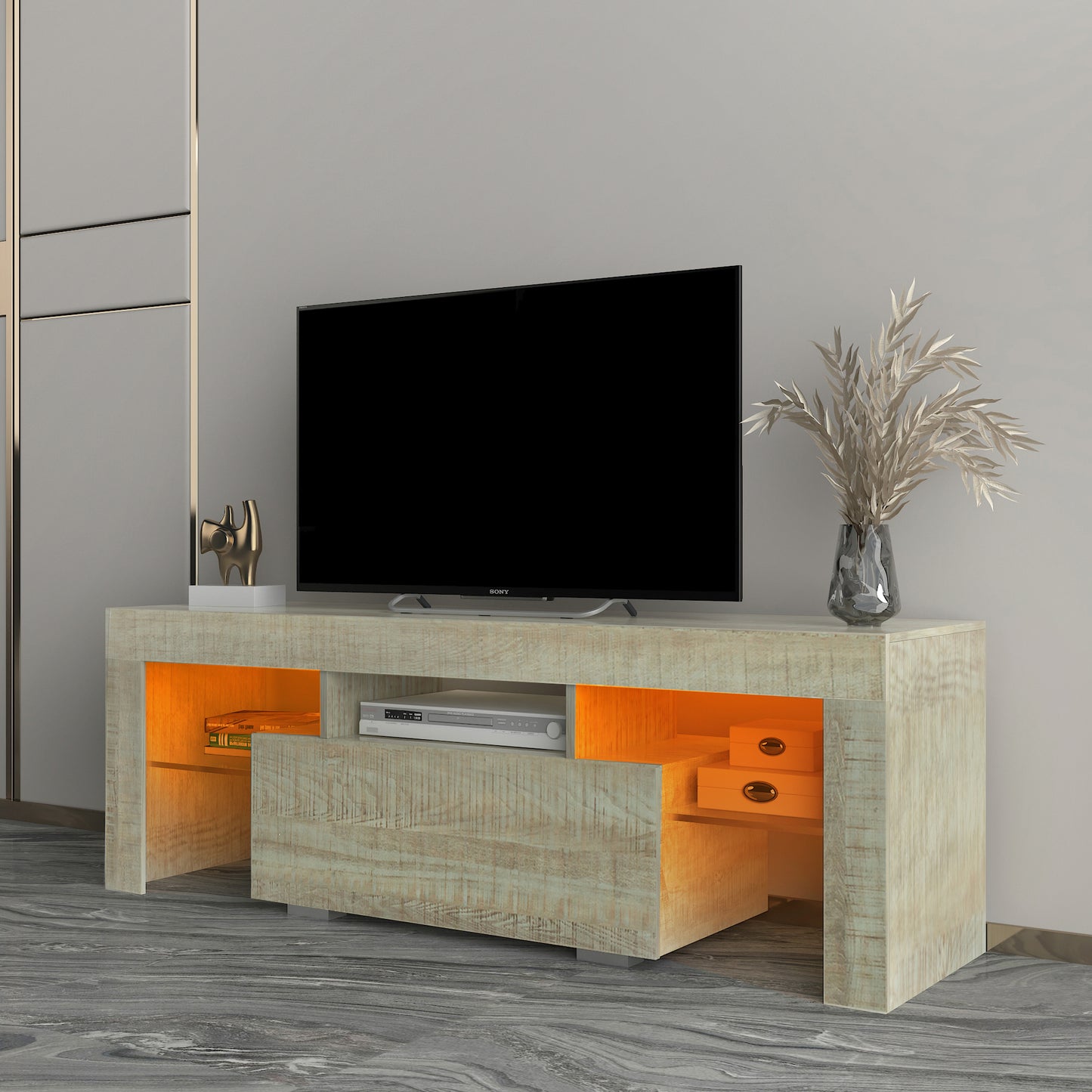 SESSLIFE TV Stand for 55 inch TV with Storage, LED Entertainment Center with 16-color RGB LED Lights, TV Stand with a Drawer and Open Shelves for Living Room