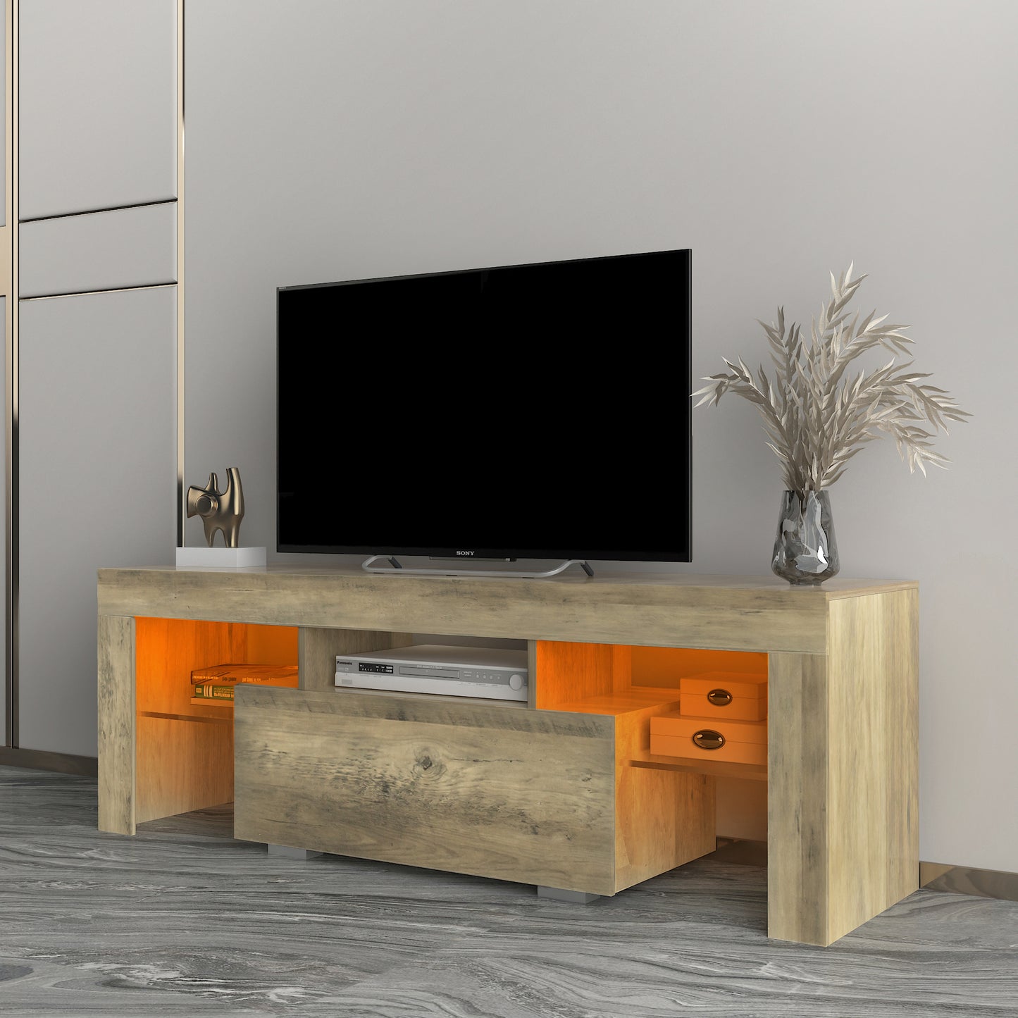 SESSLIFE TV Stand for 55 inch TV with Storage, LED Entertainment Center with 16-color RGB LED Lights, TV Stand with a Drawer and Open Shelves for Living Room