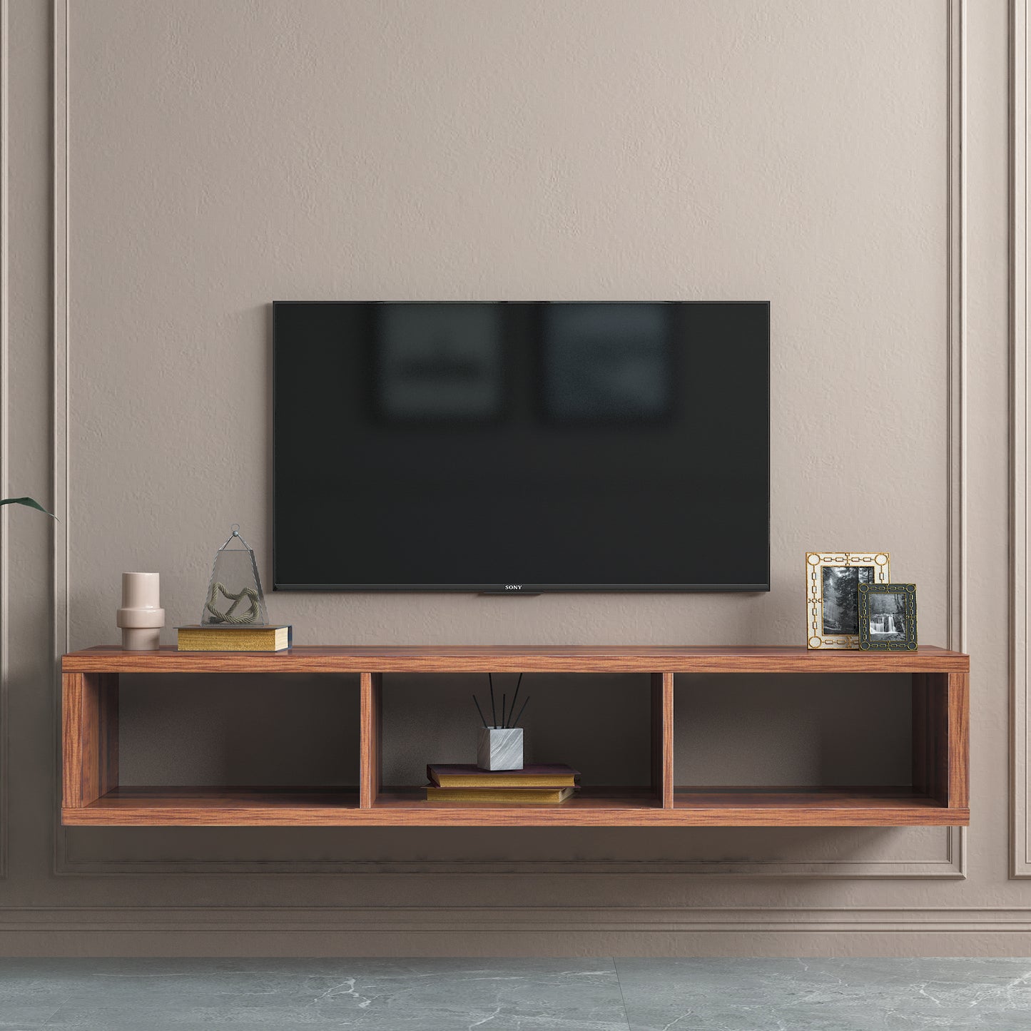 Sesslife Floating TV Shelf Wall Mounted for 65''TV, Modern Wood Wall Mounted TV Stand Entertainment Center Media Console, TV Stand with Open Compartments for Living Room, Brown