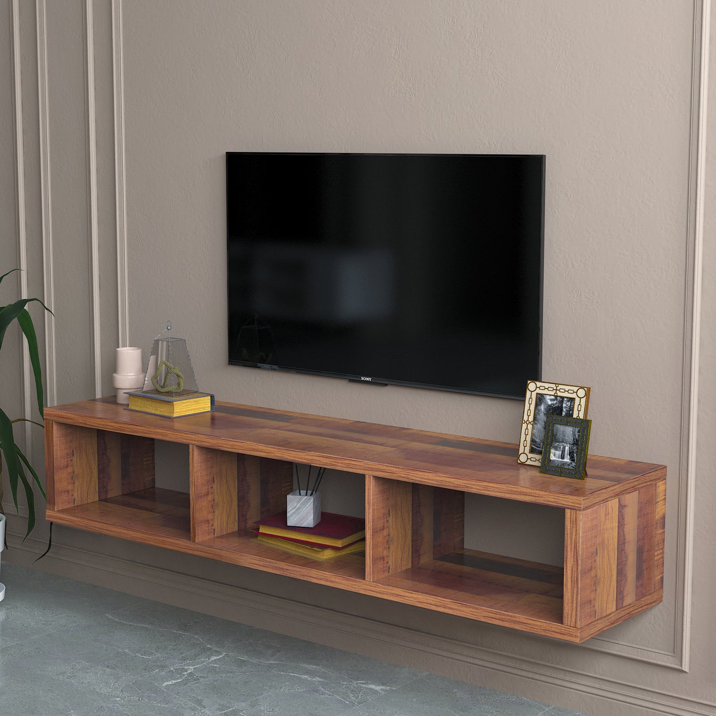Sesslife Floating TV Shelf Wall Mounted for 65''TV, Modern Wood Wall Mounted TV Stand Entertainment Center Media Console, TV Stand with Open Compartments for Living Room, Brown