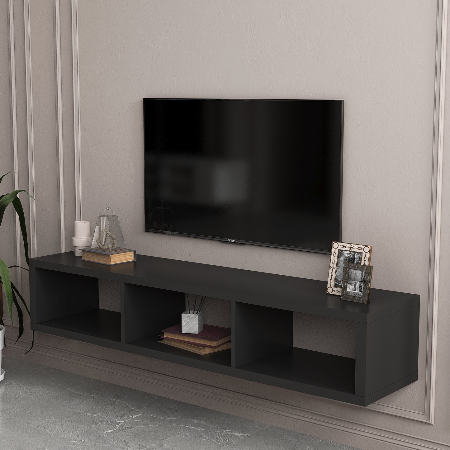 Sesslife Floating TV Shelf Wall Mounted for 65''TV, Modern Wood Wall Mounted TV Stand Entertainment Center Media Console, TV Stand with Open Compartments for Living Room, Brown