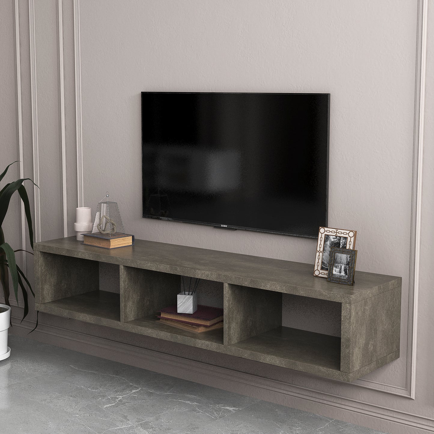 Sesslife Floating TV Shelf Wall Mounted for 65''TV, Modern Wood Wall Mounted TV Stand Entertainment Center Media Console, TV Stand with Open Compartments for Living Room, Brown
