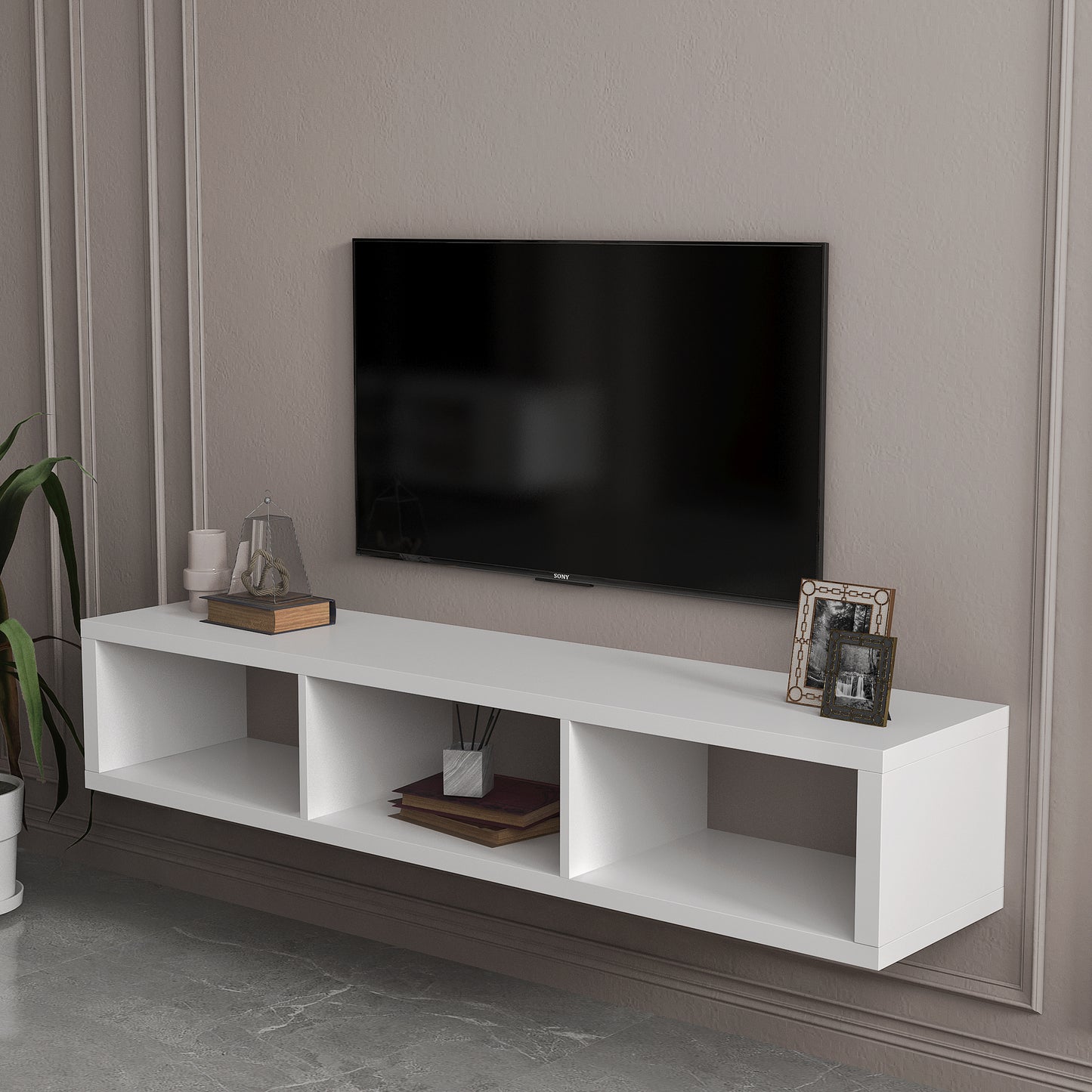 Sesslife Floating TV Shelf Wall Mounted for 65''TV, Modern Wood Wall Mounted TV Stand Entertainment Center Media Console, TV Stand with Open Compartments for Living Room, Brown