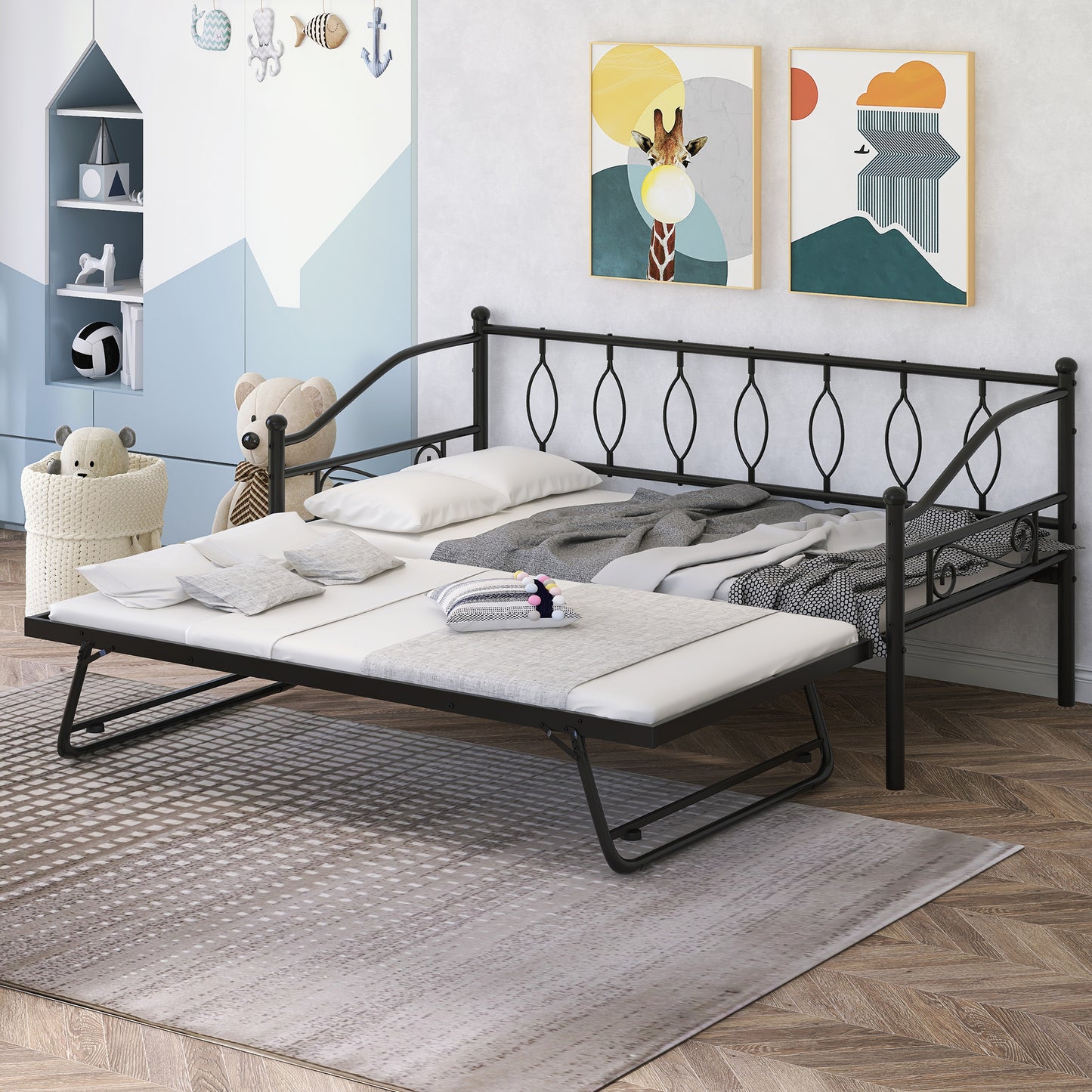 Sesslife Metal Daybed with Adjustable Trundle, Twin Size Daybed with Twin Size Pop Up Trundle Bed, Heavy-Duty Sofa Bed with Portable Folding Trundle Bed for Bedroom Living Room （Black)