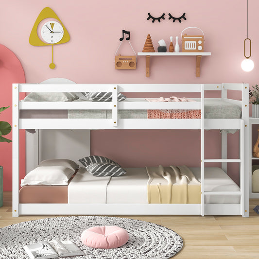 Bunk Bed Twin Over Twin, Sturdy Wood Bed Frame with Flat Ladder and Guardrail, White Bunk Bed for Children Teens Adults, No Box Spring Needed, Easy Assembly