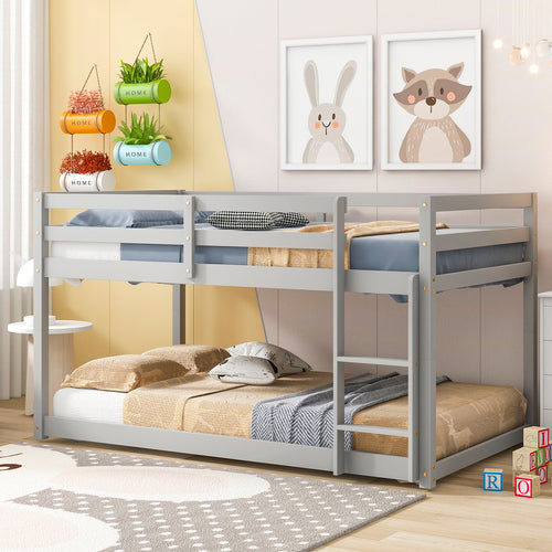 Bunk Bed Twin Over Twin, Sturdy Wood Bed Frame with Flat Ladder and Guardrail, White Bunk Bed for Children Teens Adults, No Box Spring Needed, Easy Assembly