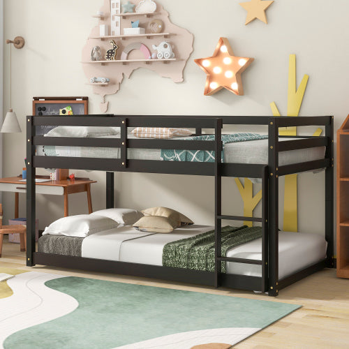 Bunk Bed Twin Over Twin, Sturdy Wood Bed Frame with Flat Ladder and Guardrail, White Bunk Bed for Children Teens Adults, No Box Spring Needed, Easy Assembly