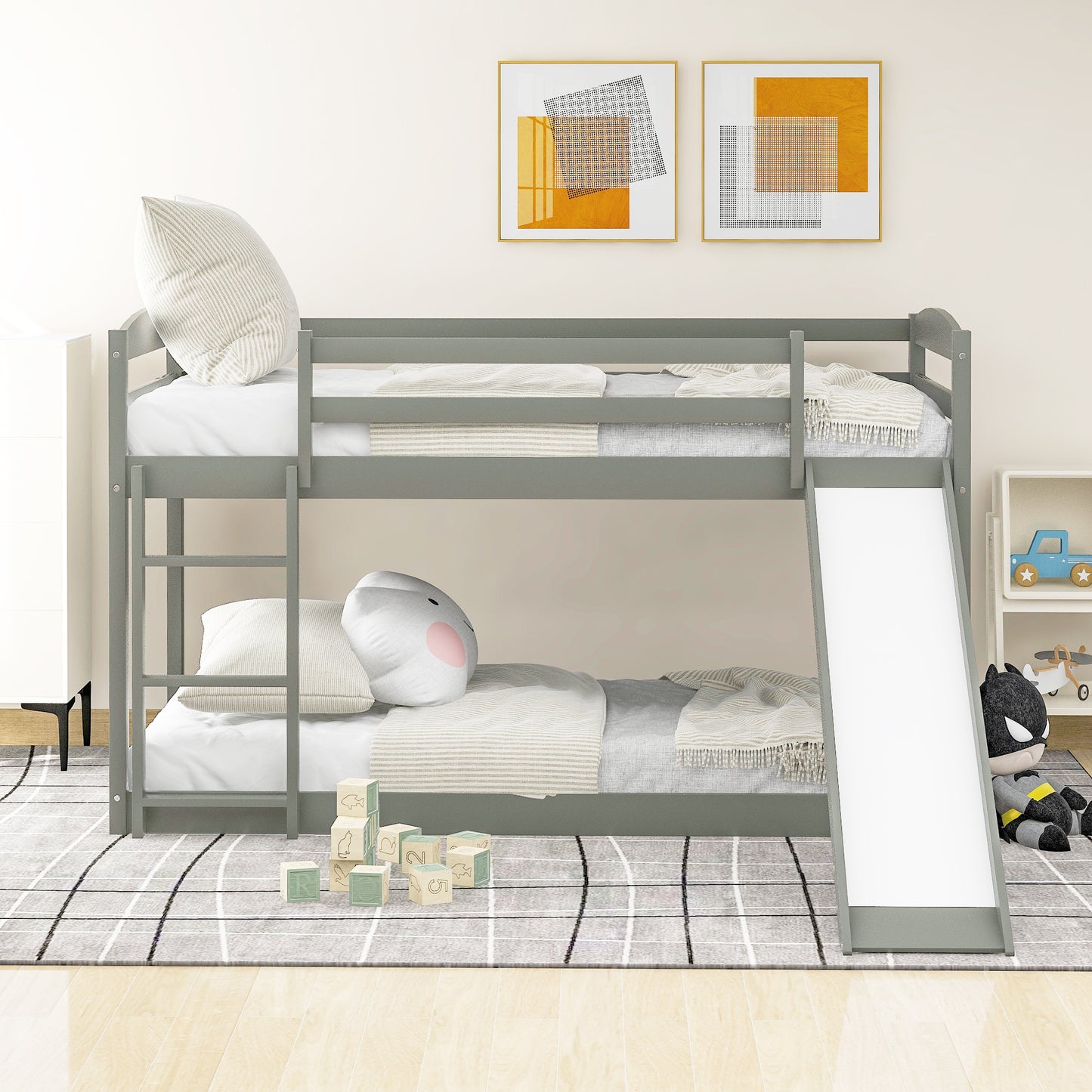 Twin Over Twin Bunk Bed, Wooden Bunk Bed with Convertible Slide and Durable Ladder, High Guardrail Kid Bed Frame, DT46