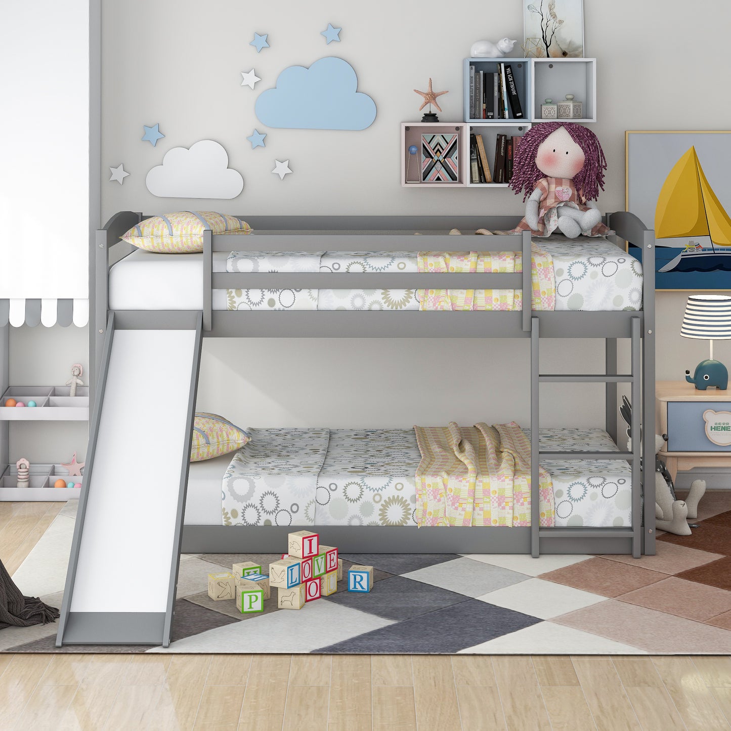 Twin Over Twin Bunk Bed, Wooden Bunk Bed with Convertible Slide and Durable Ladder, High Guardrail Kid Bed Frame, DT46