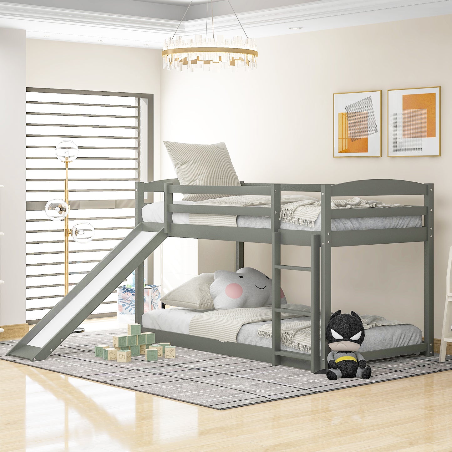 Twin Over Twin Bunk Bed, Wooden Bunk Bed with Convertible Slide and Durable Ladder, High Guardrail Kid Bed Frame, DT46