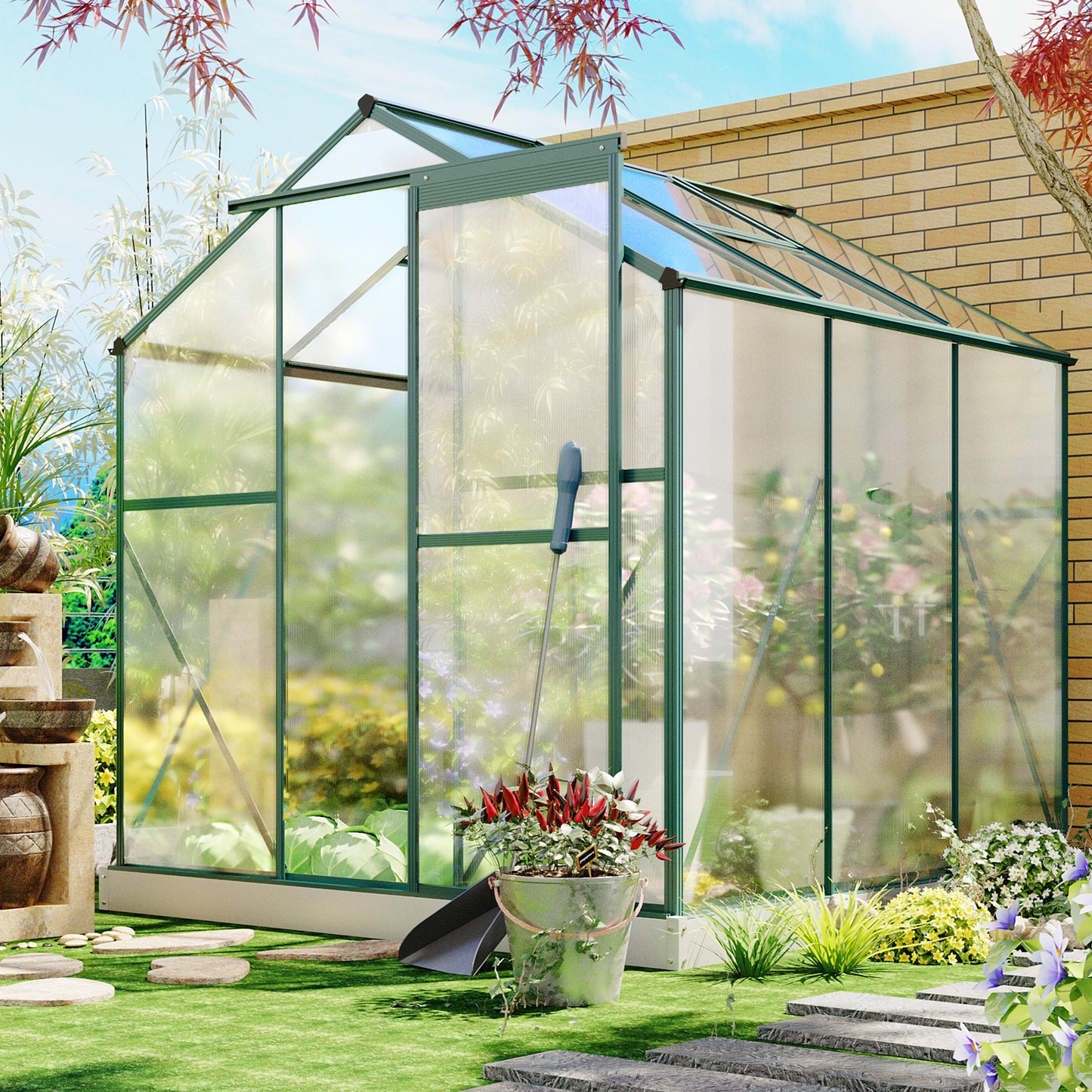 Outdoor Polycarbonate Greenhouse, Walk in Greenhouse with Sliding Door and Rain Gutter, 8' x 6' x 6.8', DT45