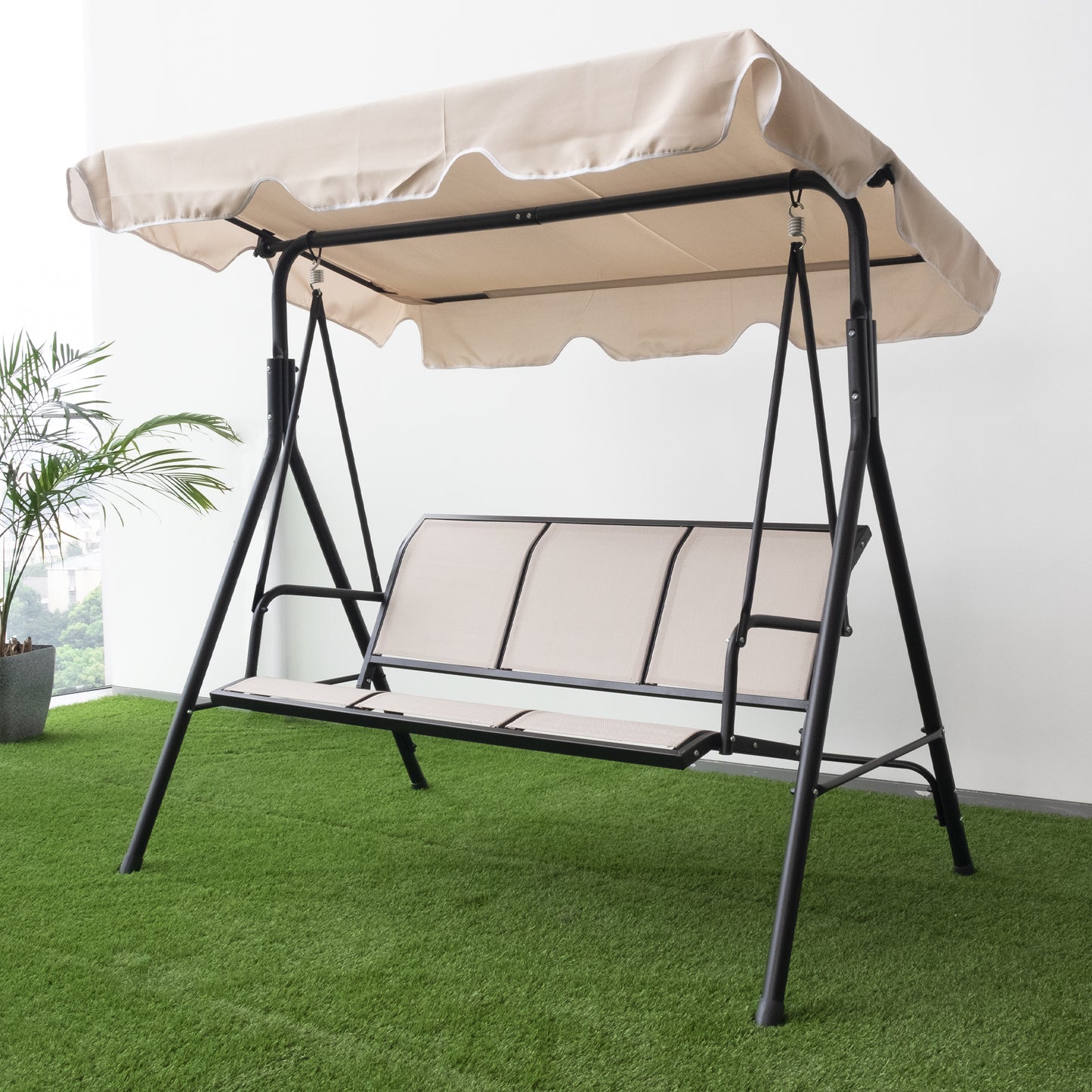 Patio Swings with Canopy, 3-Seater Outdoor Canopy Swing for Adults, Canopy Swing Glider for Porch Garden Poolside Backyard, Brown