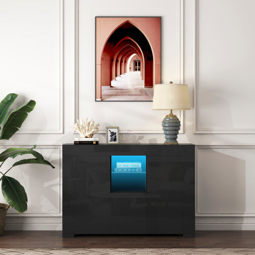 SESSLIFE Modern High Gloss Sideboard Buffet Storage Cabinet with 16 LED Lights and 2 Doors, Black Cupboard for Kitchen, Dining Room and Living Room