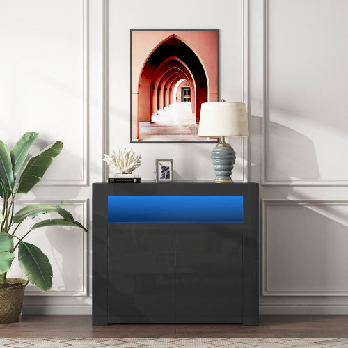 SESSLIFE Modern High Gloss Sideboard Buffet Storage Cabinet with 16 LED Lights and 2 Doors, Black Cupboard for Kitchen, Dining Room and Living Room