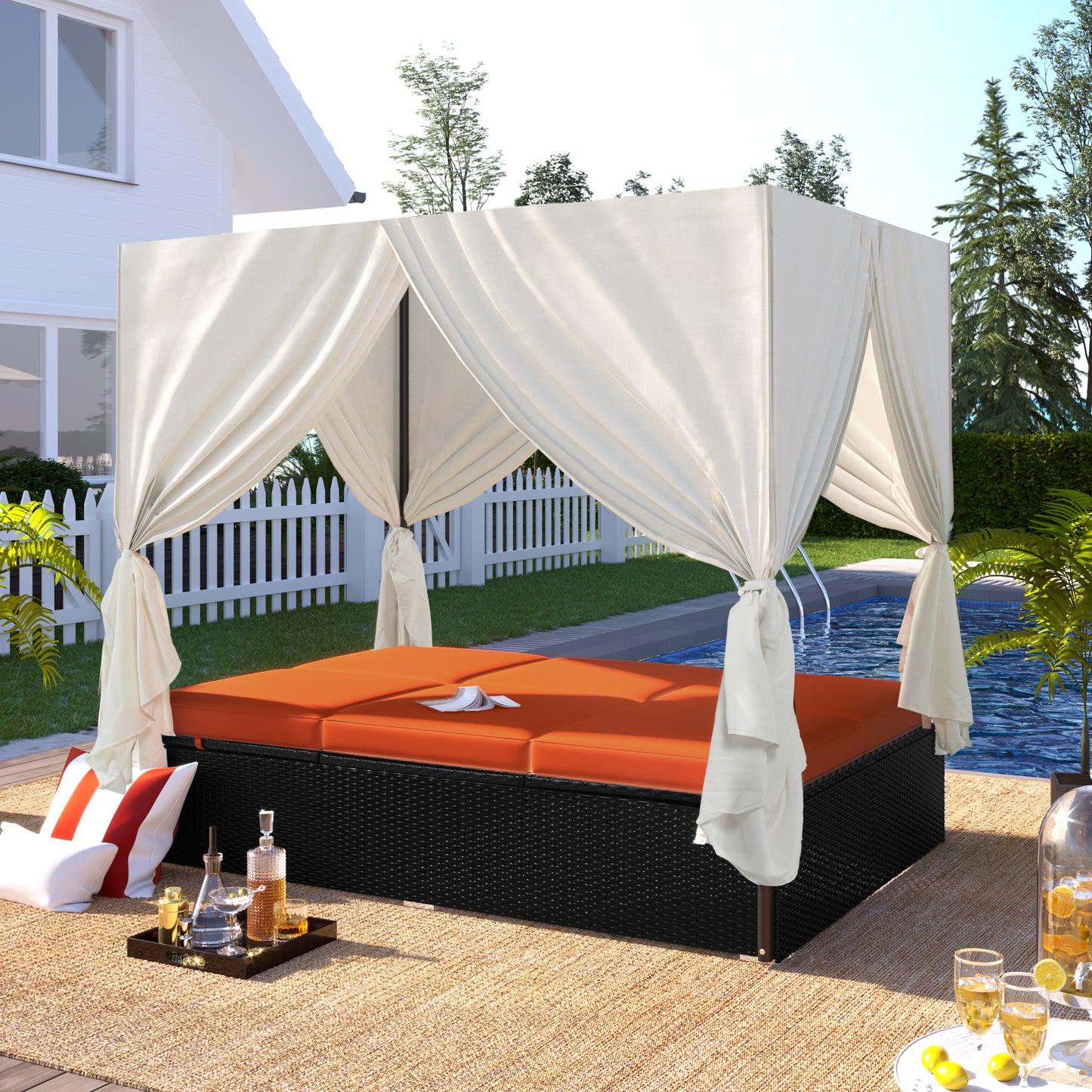 Outdoor Daybed with Canopy, SESSLIFE Outdoor Sofa Patio Furniture Sets, Rattan Patio Sunbed for Porch Lawn Garden Poolside