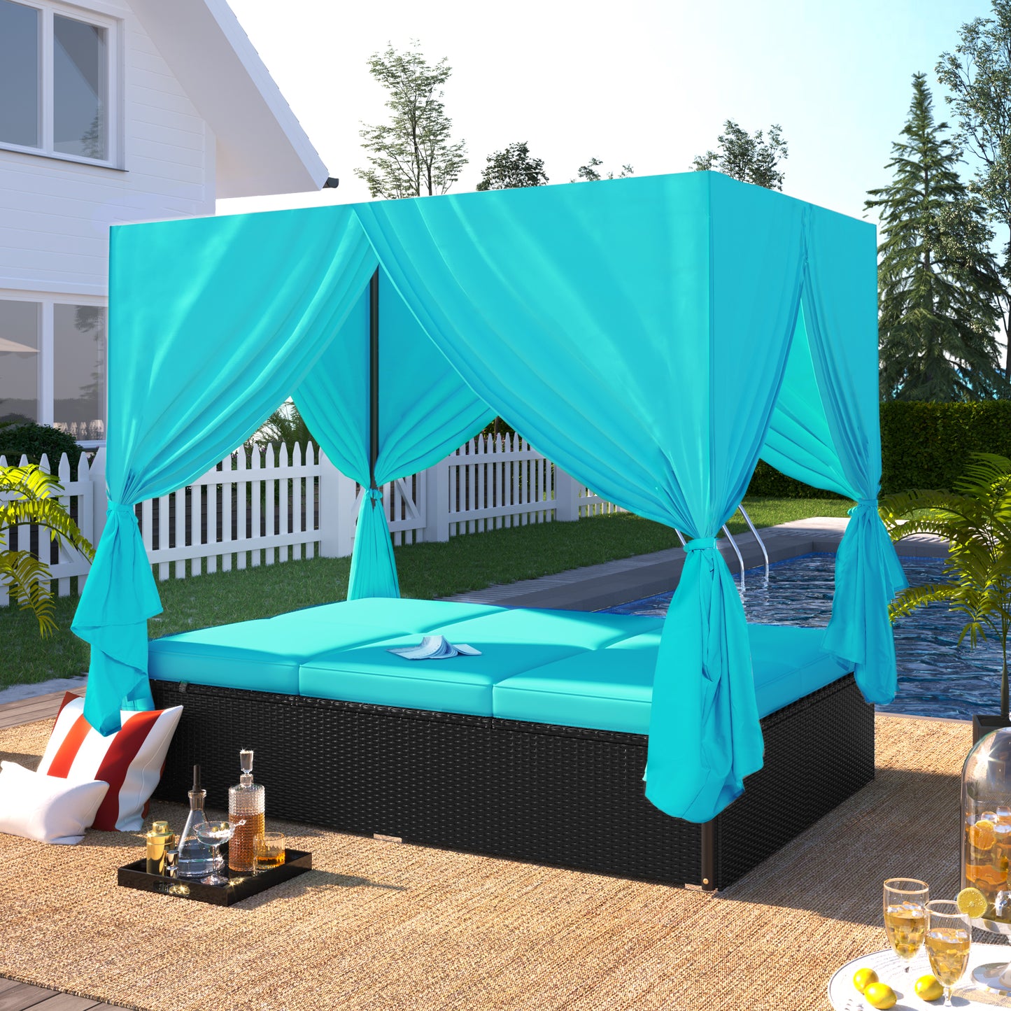 Outdoor Daybed with Canopy, SESSLIFE Outdoor Sofa Patio Furniture Sets, Rattan Patio Sunbed for Porch Lawn Garden Poolside