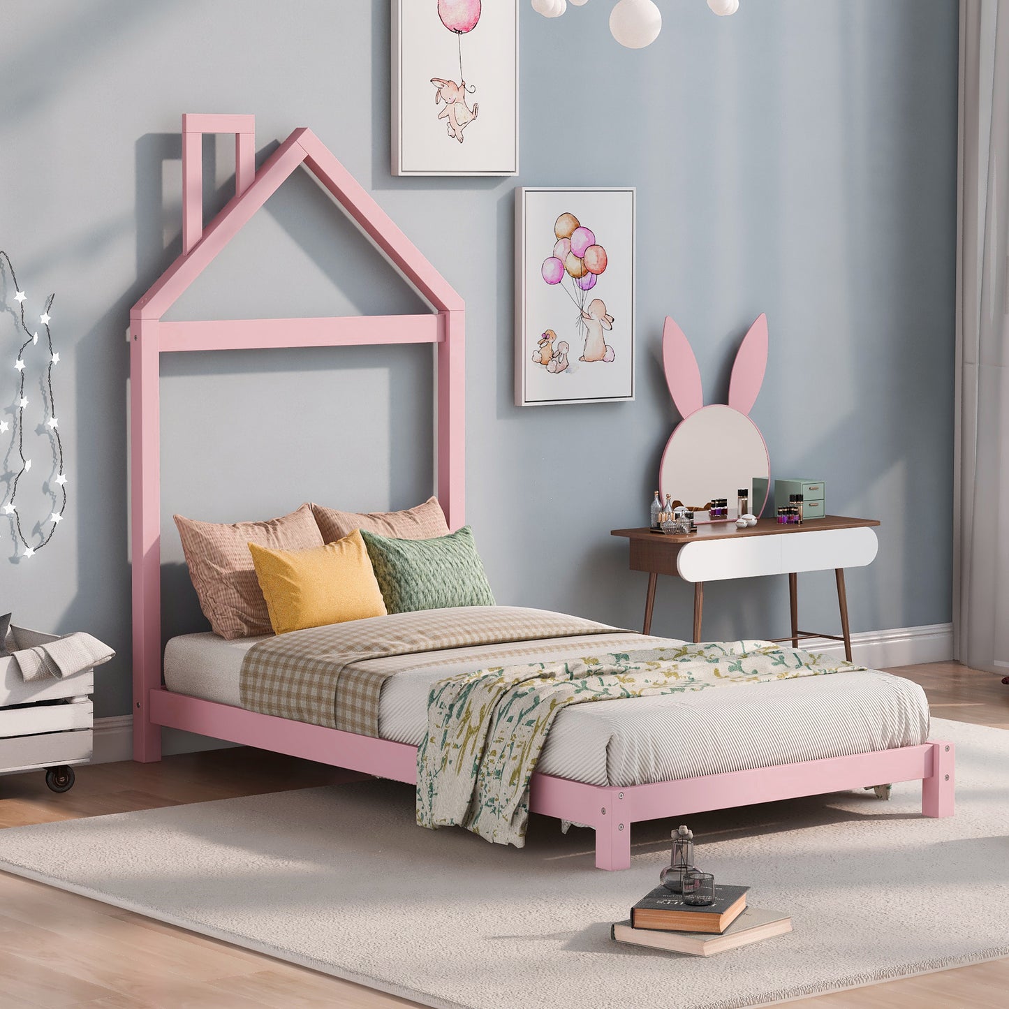 SESSLIFE Twin Bed Frame with House-shaped Headboard, Pink Platform Bed Frame Twin with Strong Wood Support, Hold 250 LBS, Sturdy and Durable, Noise-Free, Easy Assembly