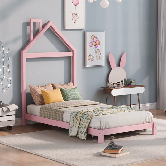 SESSLIFE Twin Bed Frame with House-shaped Headboard, Pink Platform Bed Frame Twin with Strong Wood Support, Hold 250 LBS, Sturdy and Durable, Noise-Free, Easy Assembly