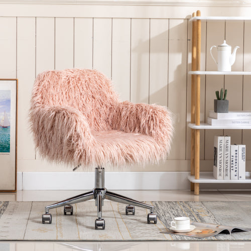 SESSLIFE Faux Fur Vanity Chair, Modern White Furry Makeup Desk Chairs for Girls Women, Elegant Comfy Upholstered Fluffy Arm Chair with Rolling Wheels in Bedroom Living Room