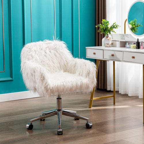 Sesslife Cute Pink Desk Chair for Girls Women, Fluffy Desk Chair, Faux Fur Height Adjustable Swivel Vanity Accent Chair, Modern Home Office Desk Chair