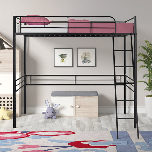 Sesslife Twin Size Metal Loft Bed, Black Loft Bed for Boys, Girls, Mattress Foundation, Bedroom Furniture, No Box Spring Needed