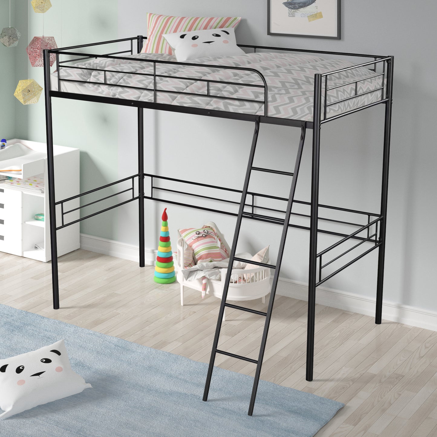 Sesslife Twin Size Metal Loft Bed, Black Loft Bed for Boys, Girls, Mattress Foundation, Bedroom Furniture, No Box Spring Needed