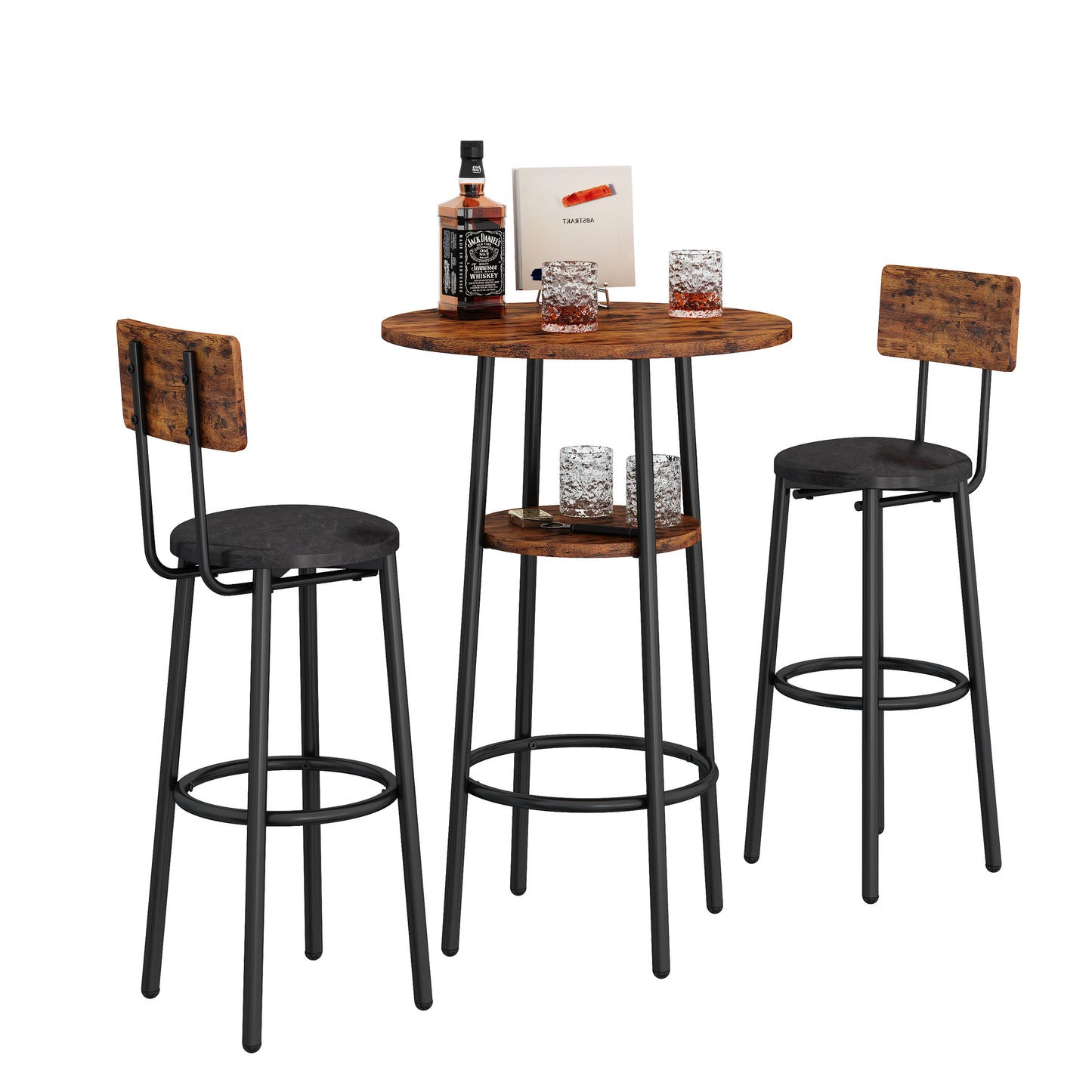 3 Piece High Top Dining Set, Wood Bar Table Set with Stools for 2, Modern Counter Height Round Dining Table and 2 Backrest Stools with PU Leather Padded, Brown