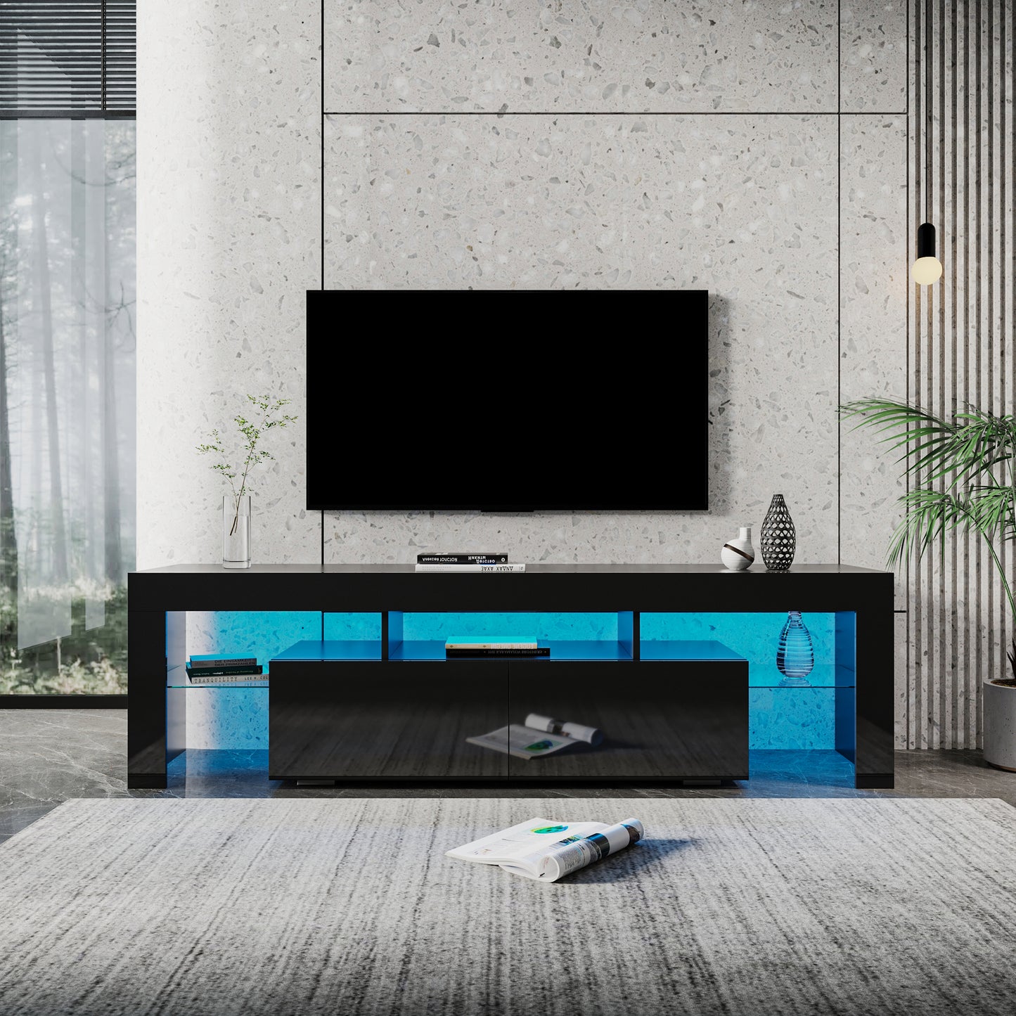 Modern TV Cabinet for 70 Inch TV, Large Television Stand with 16 Color LED Light, Console TV Cabinet with 2 Drawers, TV Cabinet for Living Room, Bedroom