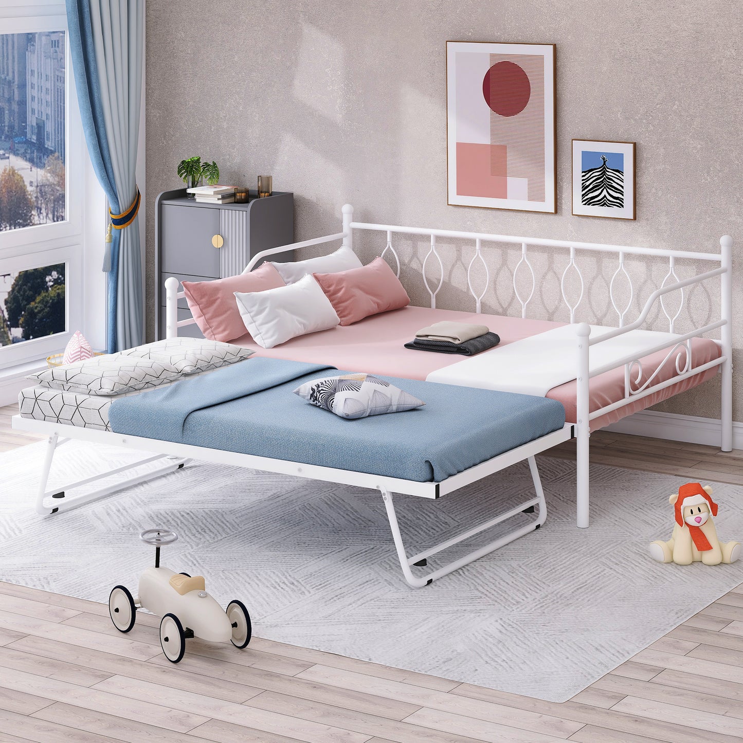 Sesslife Metal Daybed with Adjustable Trundle, Twin Size Daybed with Twin Size Pop Up Trundle Bed, Heavy-Duty Sofa Bed with Portable Folding Trundle Bed for Bedroom Living Room （Black)