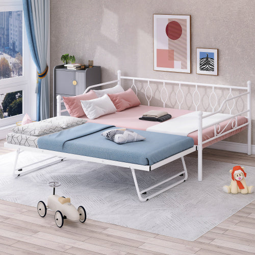 Sesslife Twin Size Daybed, Metal Sofa Bed with Adjustable Trundle, White