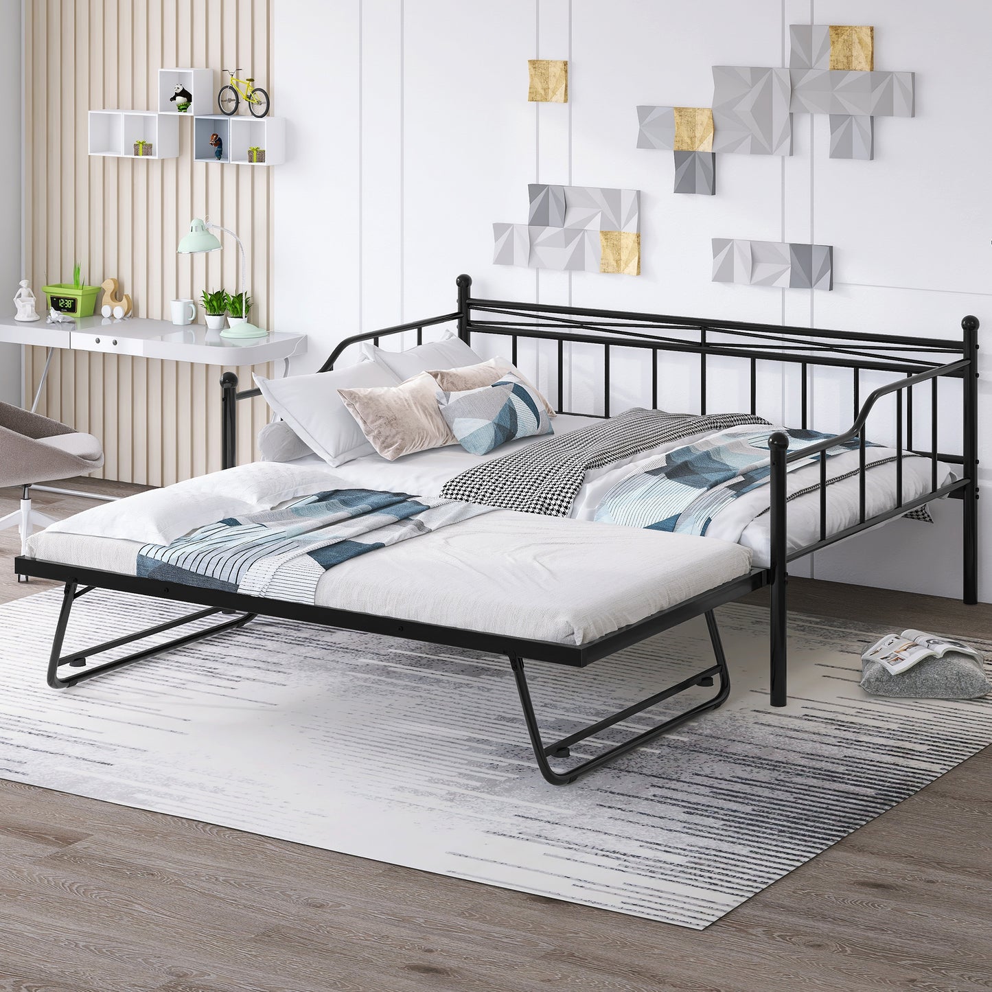 Sesslife Metal Daybed with Adjustable Trundle, Twin Size Daybed with Twin Size Pop Up Trundle Bed, Heavy-Duty Sofa Bed with Portable Folding Trundle Bed for Bedroom Living Room （Black)