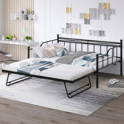 Sesslife Twin Size Daybed, Metal Sofa Bed with Adjustable Trundle, White