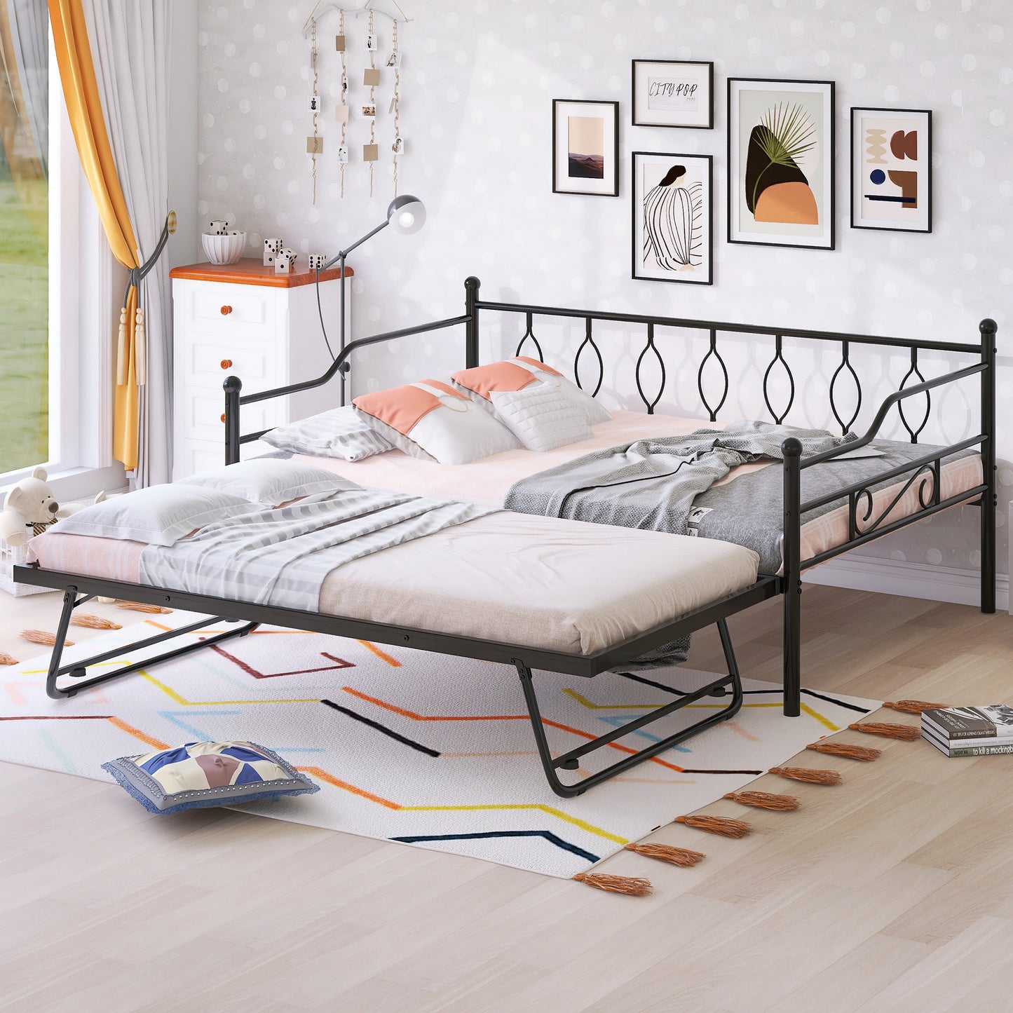 Sesslife Metal Daybed with Adjustable Trundle, Twin Size Daybed with Twin Size Pop Up Trundle Bed, Heavy-Duty Sofa Bed with Portable Folding Trundle Bed for Bedroom Living Room （Black)