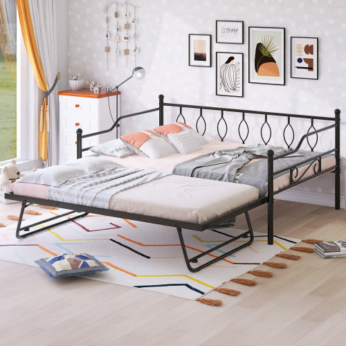 Sesslife Twin Size Daybed, Metal Sofa Bed with Adjustable Trundle, White