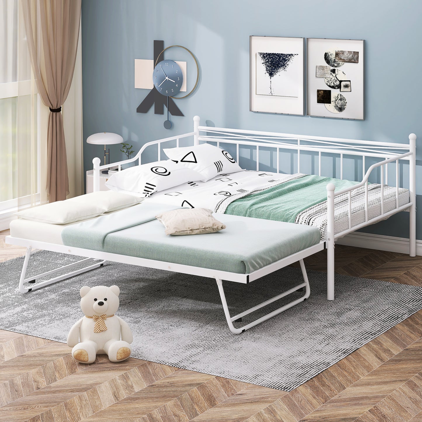 Sesslife Metal Daybed with Adjustable Trundle, Twin Size Daybed with Twin Size Pop Up Trundle Bed, Heavy-Duty Sofa Bed with Portable Folding Trundle Bed for Bedroom Living Room （Black)