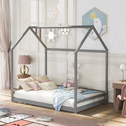 SESSLIFE House Bed Twin, Solid Wood House Bed for Kids, Box Spring Needed (Gray)