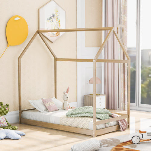 Sesslife Twin House Bed with Roof, Kids Floor House Bed Frame, Box Spring Needed, Easy Assembly, White