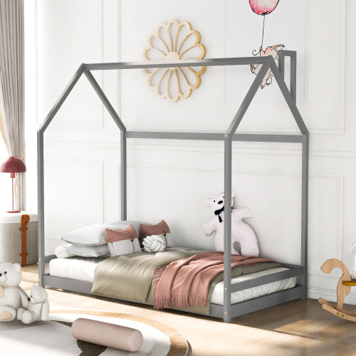 Sesslife Twin House Bed with Roof, Kids Floor House Bed Frame, Box Spring Needed, Easy Assembly, White