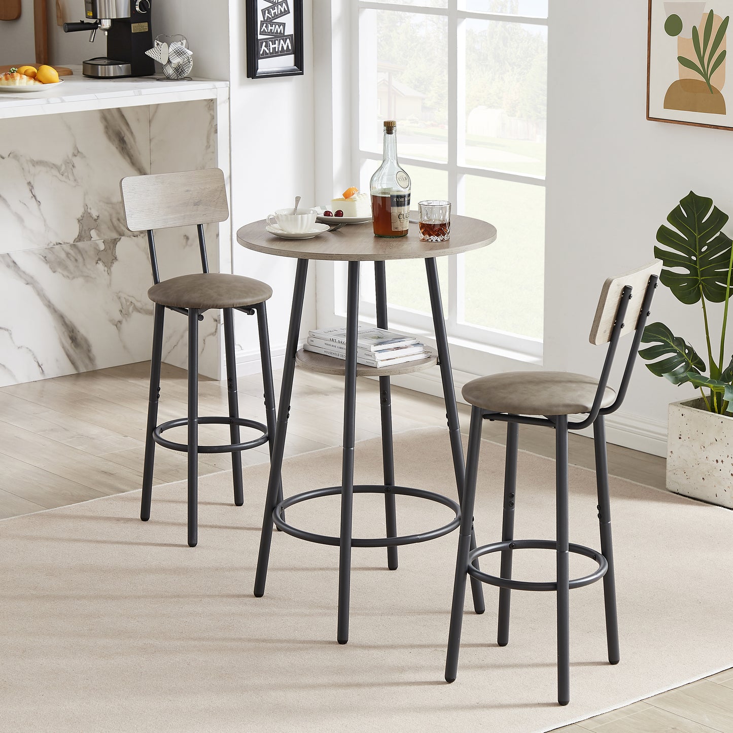 Bar Table Set for 2, Sesslife Round Wood Dining Table Set with Chairs, Counter Height Bistro Dining Table and Upholstered Stools, for Dining Room, Kitchen, Coffee Bar, Gray