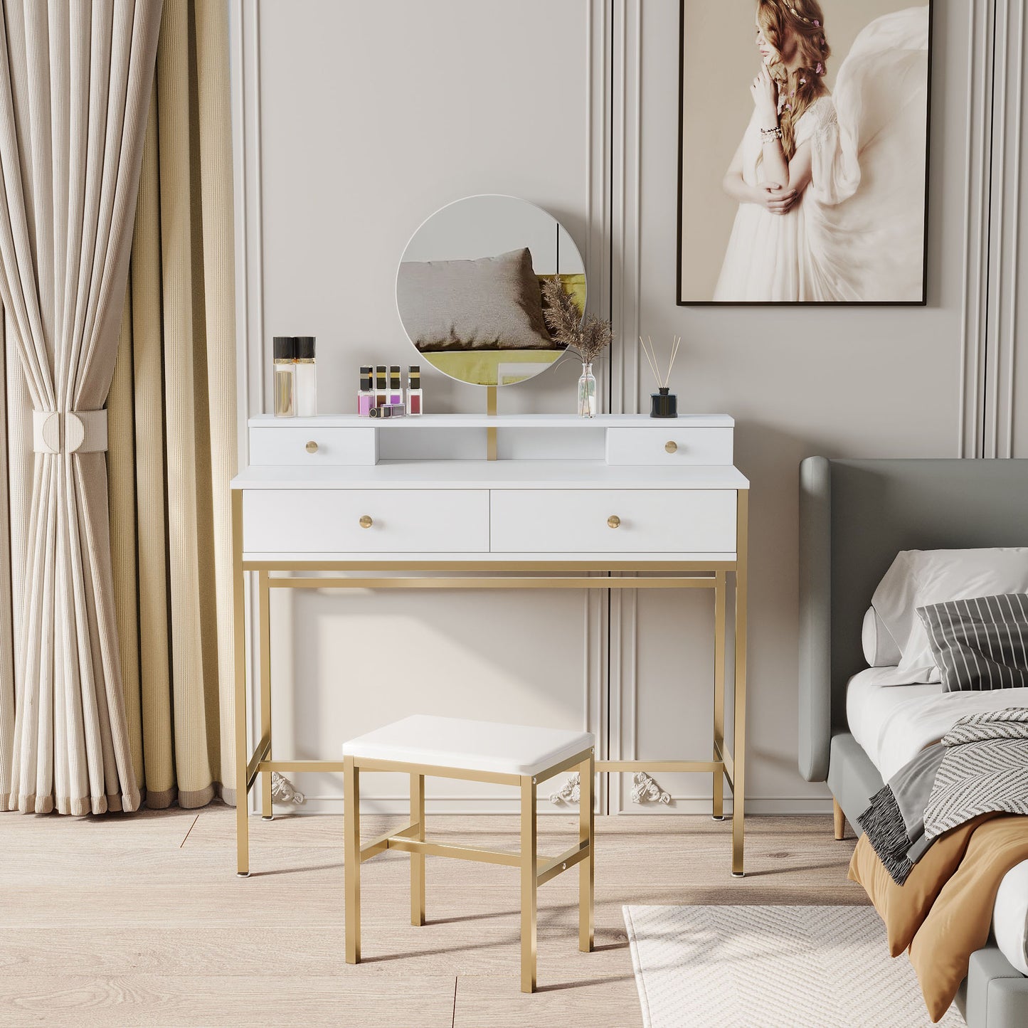 Sesslife Makeup Vanity with Lighted Mirror, Vanity Table with a Drawer & Cushioned Stool, Vanity Desk with Stool, for Girls, Women, Bedroom, White