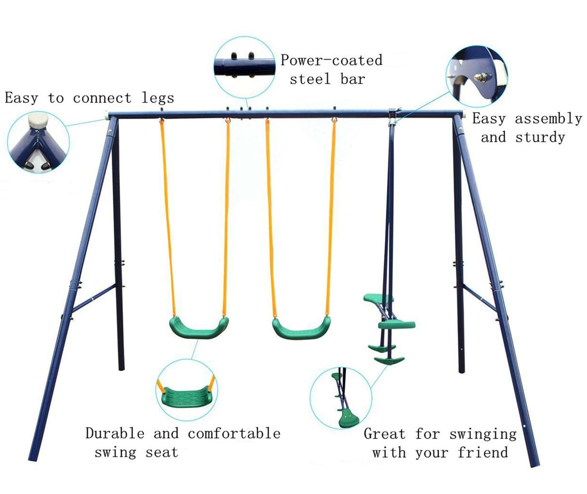 Metal Swing Set for Outside, Kids Backyard Swing Set with Swing Chair, Glider, Ground Nail, 3 In 1 Outdoor Swing Set